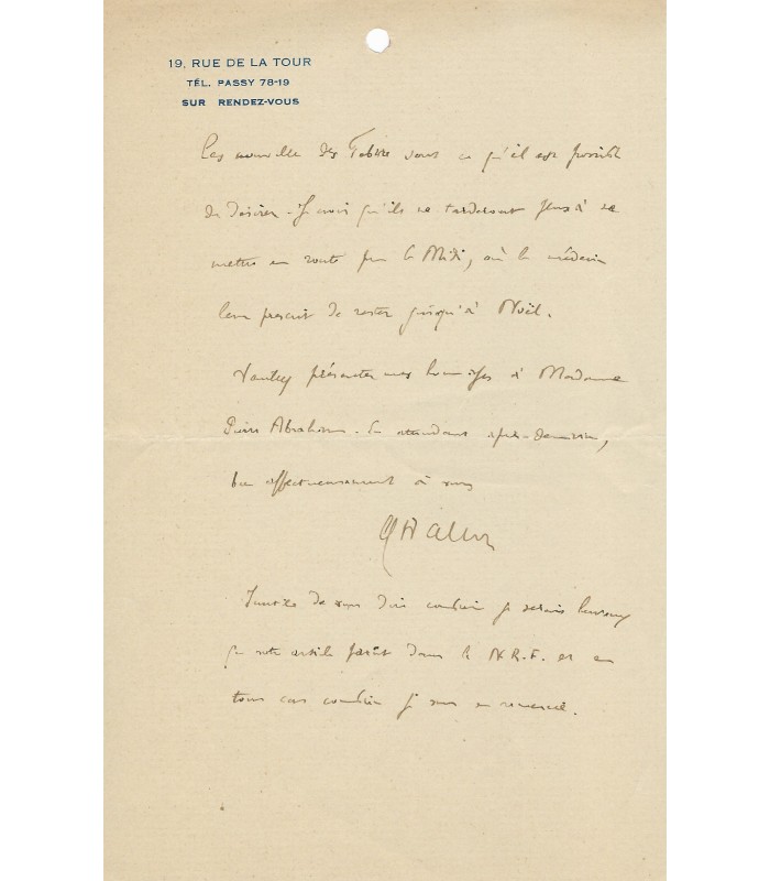 WALLON Henri, psychologue, médecin, spécialité en psychologie et education de l'enfant. Lettre autographe (G 1444)