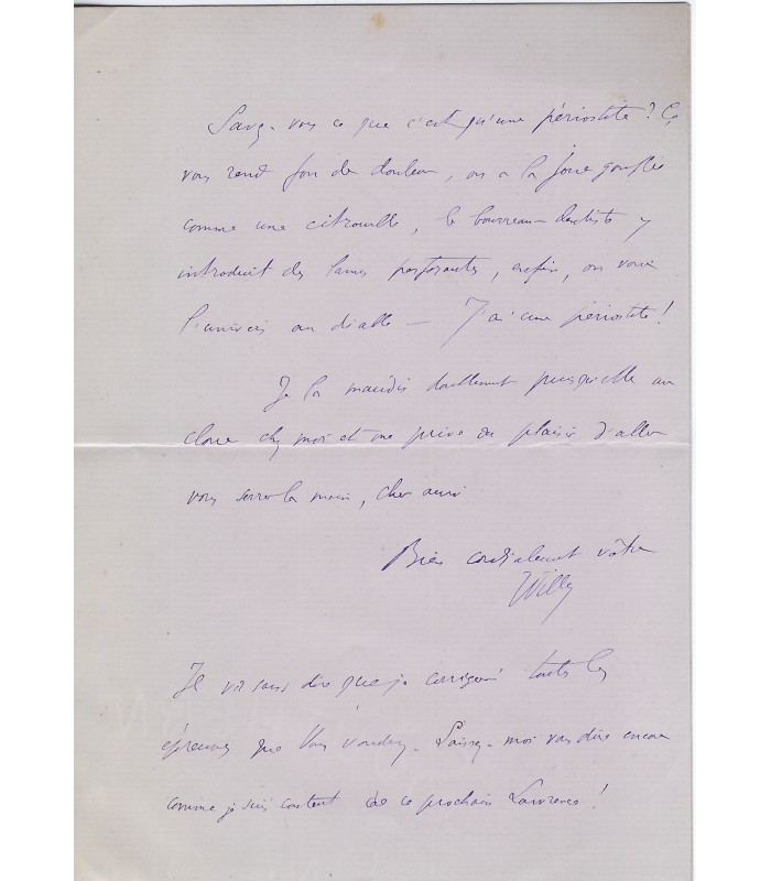 WILLY Henry Gauthier-Villard, dit. Ecrivain et journaliste, mari de Colette. Lettre autographe (G 1966)