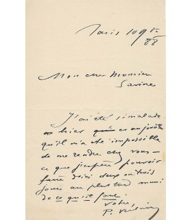 VERLAINE Paul. poète. Lettre autographe à l'éditeur Albert Savine, 10 novembre 1888 (Réf. G 5819)