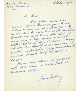 FRESNAY Pierre. Acteur. Sociétaire de la Comédie-Française. Lettre autographe (Réf. G 737)