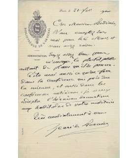 BORNIER Henri de. Auteur dramatique, poète, romancier, critique. Billet autographe, en-tête de la Bibliothèque deL'Arsenal