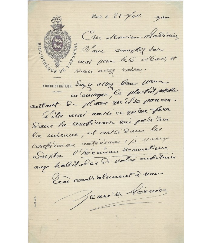 BORNIER Henri de. Auteur dramatique, poète, romancier, critique. Billet autographe, en-tête de la Bibliothèque deL'Arsenal
