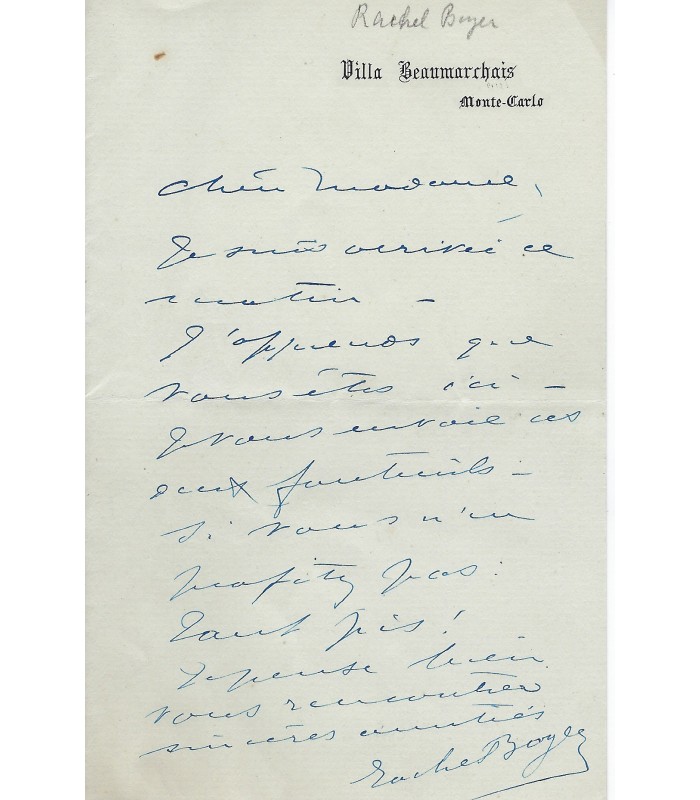 BOYER Rachel. Actrice. Pensionnaire de la Comédie-Française. Mécène de l'Ecole du Louvre. 2 lettres autographes