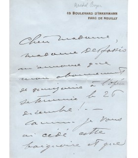 BOYER Rachel. Actrice. Pensionnaire de la Comédie-Française. Mécène de l'Ecole du Louvre. 2 lettres autographes