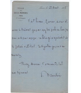 BRUNETIERE Ferdinand. Critique littéraire, à la Revue des Deux Mondes. Billet autographe, 1883 (Réf. E 10575)