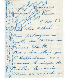 CHEVALIER Maurice. Chanteur de music-hall. Lettre, Carte postale et Billet autographes à Willemetz (années 1950-60)