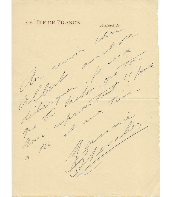 CHEVALIER Maurice. Chanteur de music-hall. Lettre, Carte postale et Billet autographes à Willemetz (années 1950-60)