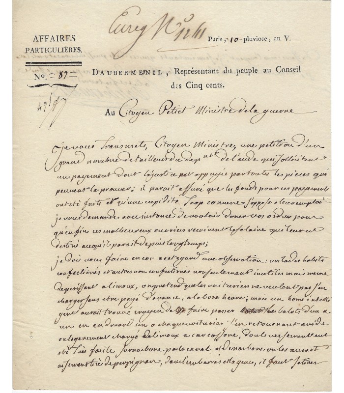 DAUBERMESNIL François Antoine Le Moine. Conventionnel. Membre du Conseil des Cinq Cents. Lettre signee (Réf. E 10659)