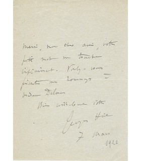HÜE Georges. Compositeur. prix de Rome en 1879. Lettre et Billet autographes à Delmas (Réf. G 1110 et G 1112)