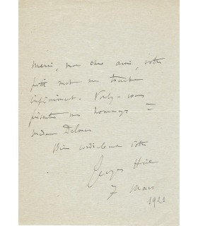 HÜE Georges. Compositeur. prix de Rome en 1879. Lettre et Billet autographes à Delmas (Réf. G 1110 et G 1112)