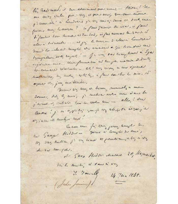 JANIN Jules. Ecrivain, critique littéraire. Elu à l'Académie française. Lettre autographe, 14 juin 1848 (Réf. G 1818)