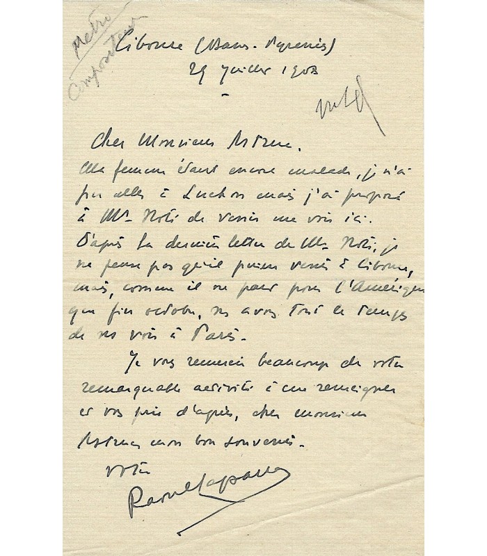 LAPARRA Raoul. Compositeur. prix de Rome. Lettre autographe à Astruc, juillet 1908 (Réf. G 975)