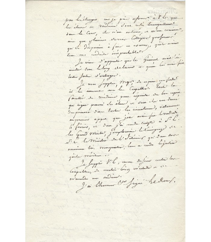 LE ROUX Doyen de la faculté de Médecine de Paris. Lettre autographe au général Clarke, 1814