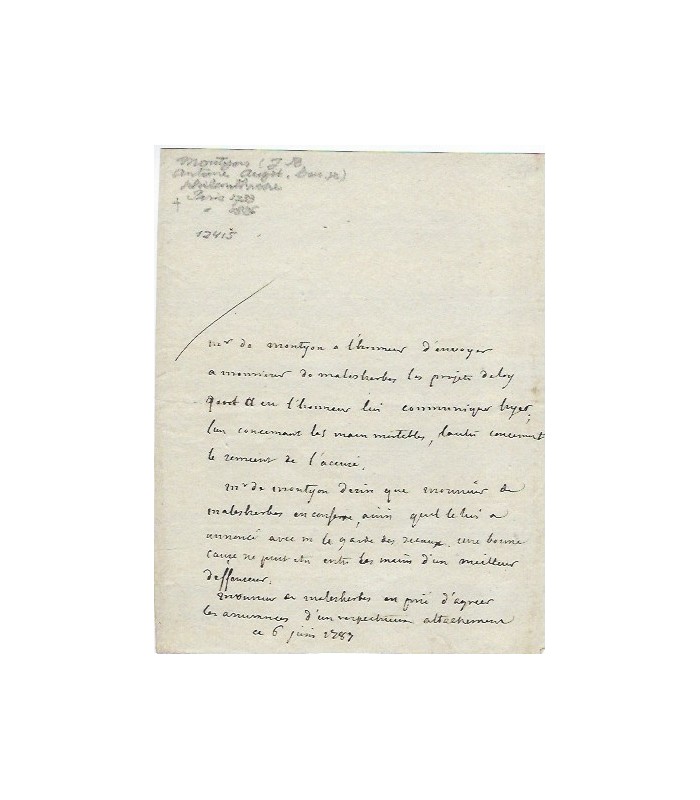 MONTYON Jean-Baptiste, baron de. Avocat, conseiller d'Etat. Philanthrope. Lettre autographe (G 34)