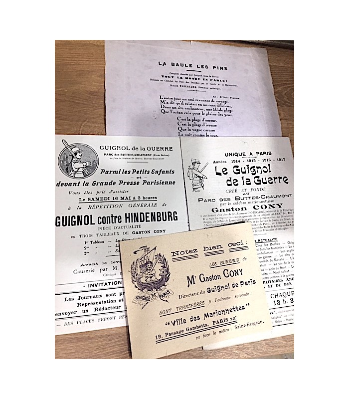 MARIONNETTES. 2 lettres et 1 carte signées "L. Thiessard", 1927 et 1928, avec des prospectus de Guignol (Réf. E 10664)