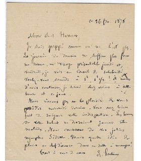 PASTEUR Louis. Chimiste, il mit au point le vaccin contre la rage. Lettre autographe au peintre J.-J. Henner, 1878 (Réf. G 6086)