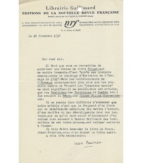 PAULHAN Jean. Ecrivain. Directeur de la NRF chez Gallimard. Lettre dactylographiée Signée à Pierre Abraham, 1930 (Réf G 1483)