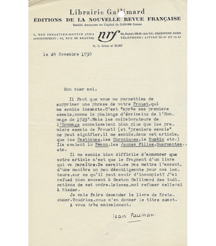 PAULHAN Jean. Ecrivain. Directeur de la NRF chez Gallimard. Lettre dactylographiée Signée à Pierre Abraham, 1930 (Réf G 1483)