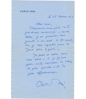 RIM Carlo. Cinéaste. Lettre autographe au compositeur Jean Witold, 1963 (Réf. G 3497)