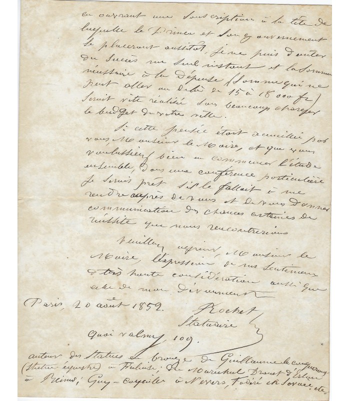 ROCHET Louis. Sculpteur. Il réalisa des statues en bronze, dont celle de Napoléon. Lettre autographe (E 10669)