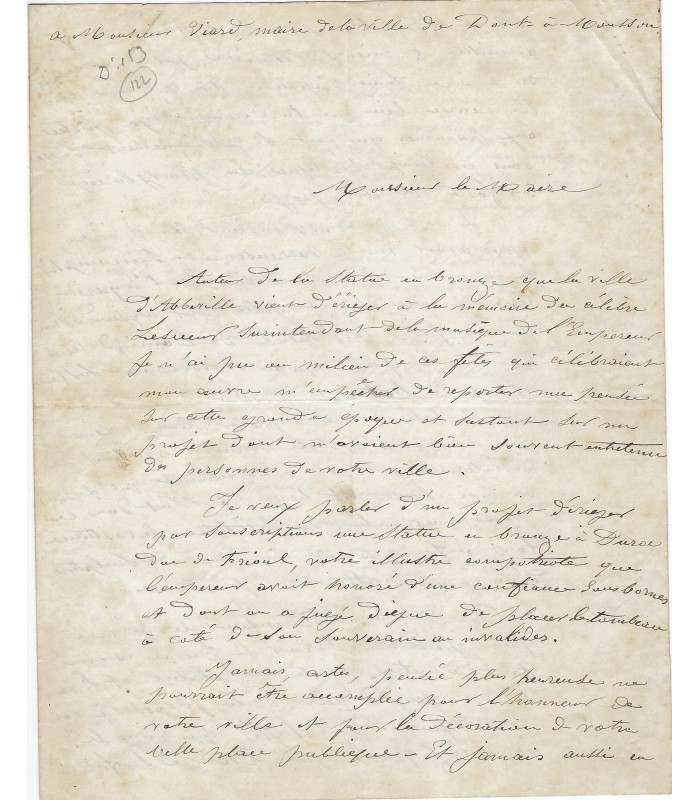 ROCHET Louis. Sculpteur. Il réalisa des statues en bronze, dont celle de Napoléon. Lettre autographe (E 10669)