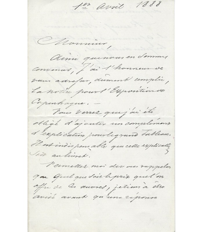 YVON Adolphe. Peintre. Lettre autographe au commissaire d'une exposition au Danemark (Réf. G 667)