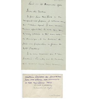 CAMBON Jules. Administrateur et diplomate. Lettre autographe au docteur Cazalis, 1901 (Réf. G 792)