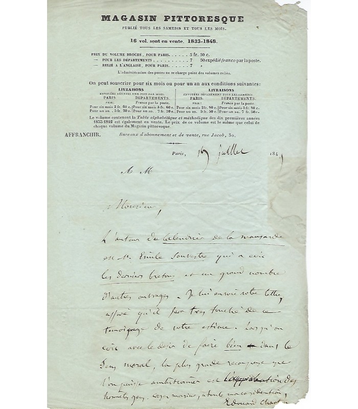 CHARTON Edouard. Député-Sénateur de l'Yonne. Lettre autographe, au sujet de Souvestre (Réf. G 2262)