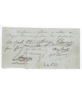PYAT - ARAGO. Billet sigé par Félix Pyat et Etienne Arago, ainsi que d'autres exilés politiques, décembre 1851