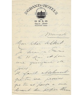CHEVALIER Maurice. Chanteur de Music-hall. Lettre à Willemùetz, Grand Hôtel d'Oslo, sans date (Réf. G