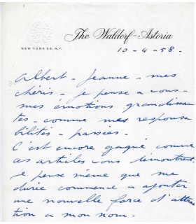 CHEVALIER Maurice. Chanteur de music-hall. Lettre à Willemetz, New-York, Hôtel Waldorf-Astoria,1958 (Réf. G 241)