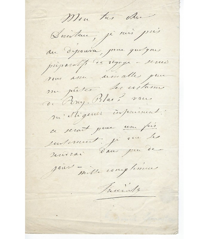 LEMAITRE Frédérick. Comédien "le colosse du drame". Lettre autographe (G 3708)