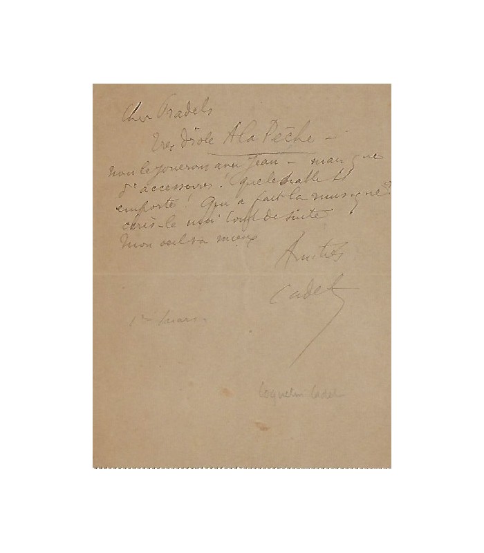 COQUELIN CADET . Acteur franàais célèbre au XIXe siècle. Carte-lettre autographe, mars 1891 (Réf. G 5090)