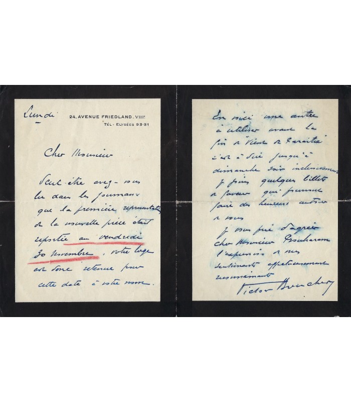 BOUCHER Victor, comédien. Lettre Autographe (E 10499)