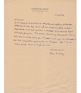 MAC ORLAN Pierre, écrivain. Lettre Autographe (G 4410).