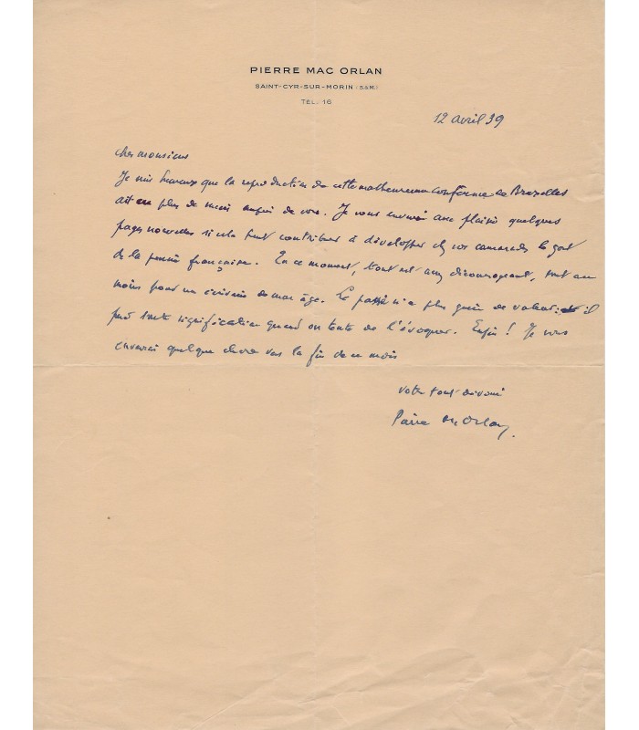 MAC ORLAN Pierre, écrivain. Lettre Autographe (G 4410).