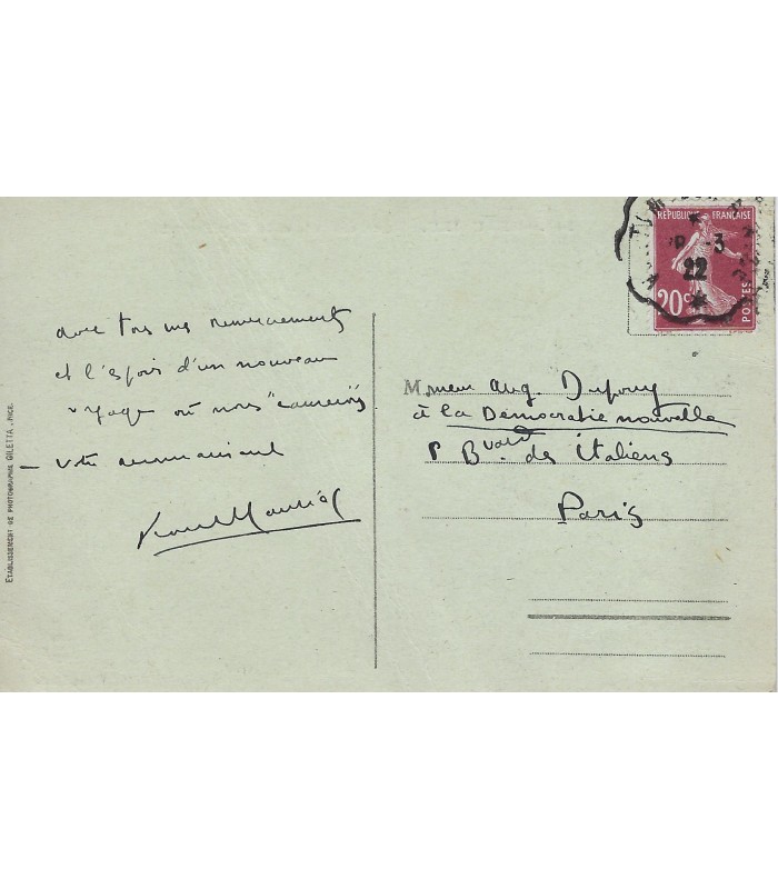 MAURIAC François, écrivain. Lettre Autographe (G 5004).