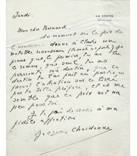 CHARDONNE Jacques, écrivain. Lettre Autographe (E 10676)
