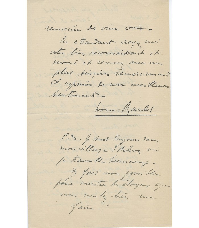 CHARLOT Louis, peintre. Lettre Autographe (G 6102)