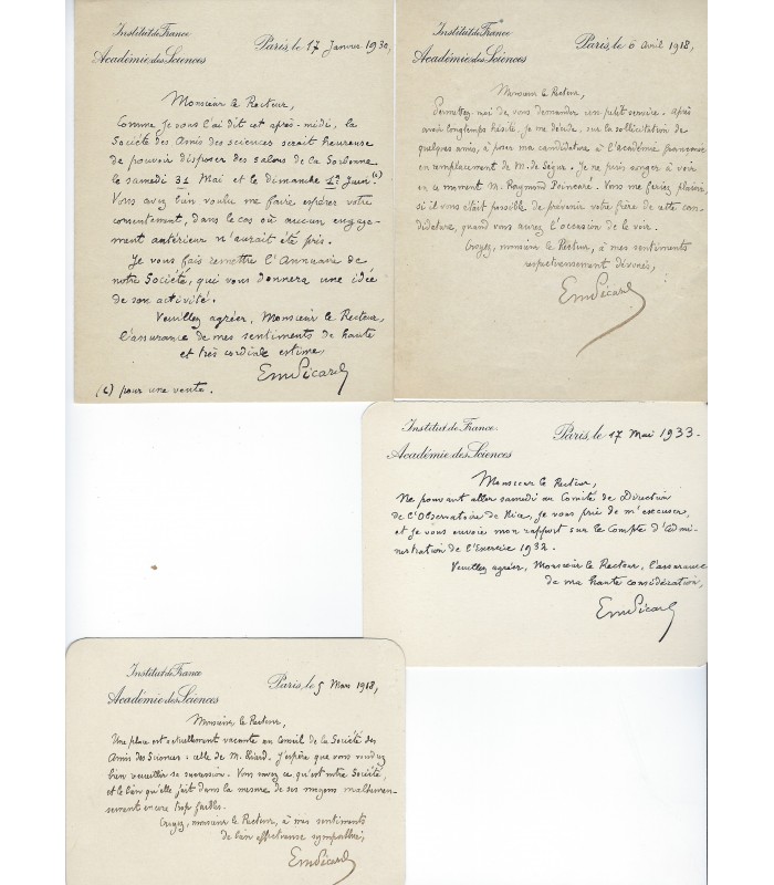 PICARD (Emile), mathématicien. 2 lettres et 2 cartes Autographes (E 10707)