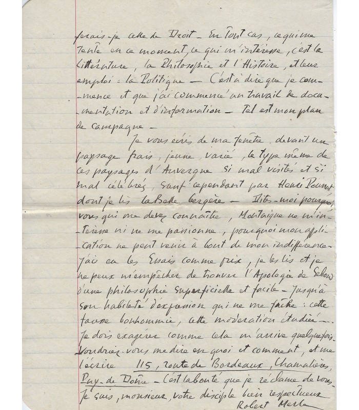 MERLE (Robert), écrivain. Lettre Autographe à Auguste Dupouy. (G 6096)