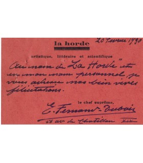 FERNAND-DUBOIS Emile, sculpteur, graveur. Carte Autographe (E 10681)