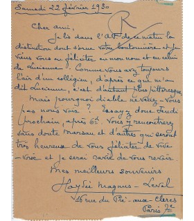 MAGNUS LEVEL (Haydée), salonnière, muse de Daudet, Barrès, Maurras. Carte-lettre Autographe (E 10700)