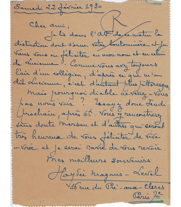 MAGNUS LEVEL (Haydée), salonnière, muse de Daudet, Barrès, Maurras. Carte-lettre Autographe (E 10700)