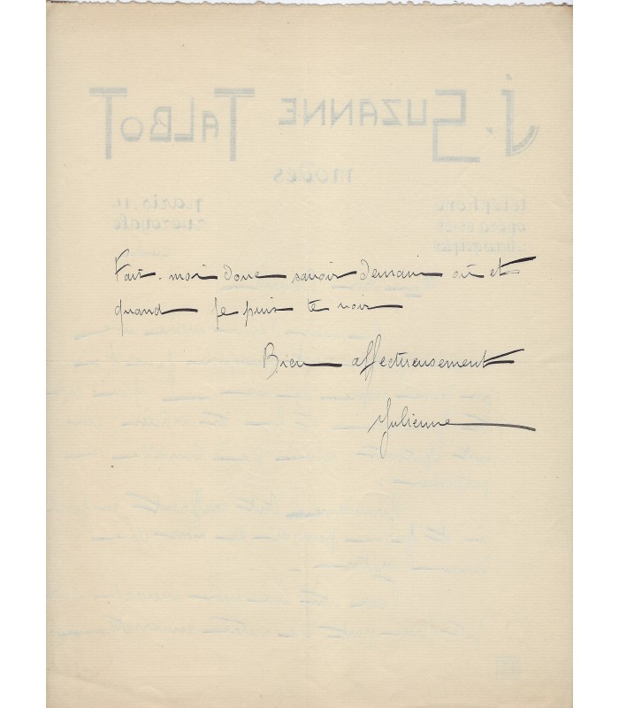 JULIENNE (Madame), créatrice de mode, elle travailla avec Poiret. Lettre Autographe (E 10692)