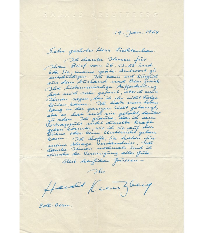 KREUTZERG (Harald), danseur et chorégraphe allemand. Lettre Autographe (G 3886)