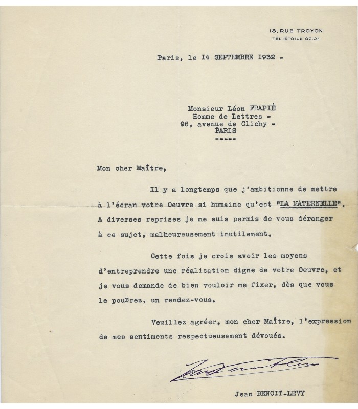 [FRAPIER] ROUDES - BENOIT-LEVY. 2 Lettres Autographes (E 10683)