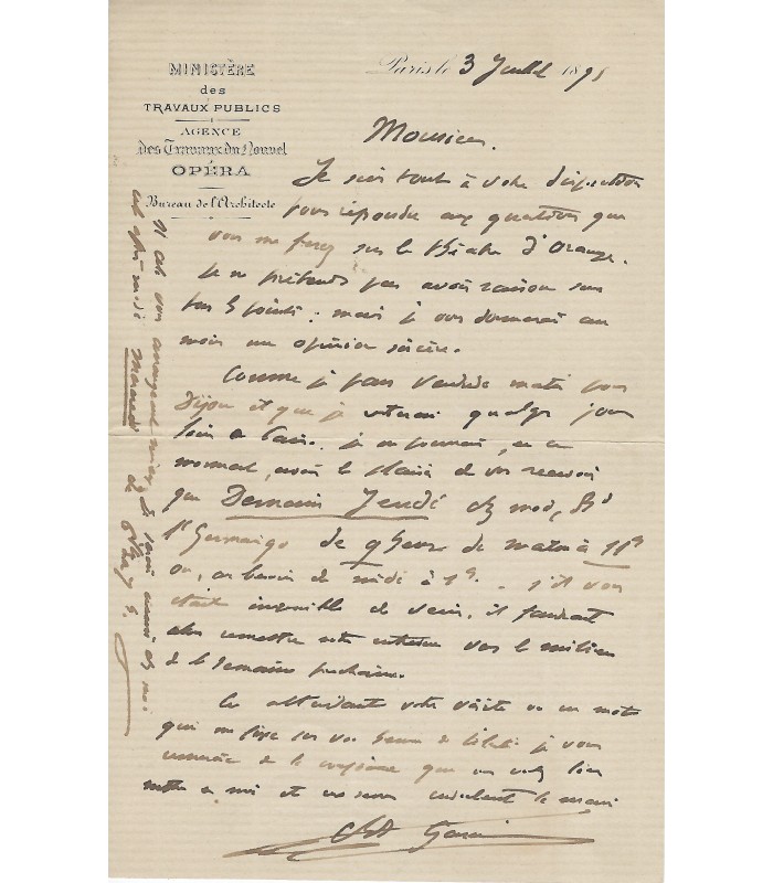 GARNIER Charles, architecte. Lettre Autographe (G 6076).