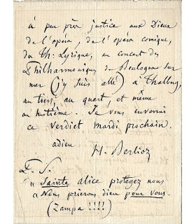 BERLIOZ Hector. Compositeur romantique. Lettre autographe à "Mon cher Raymond" (Réf. G 4811)