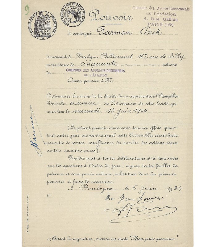 FARMAN Dick, ingénieur aéronautique. Pièce Signée (G 6109)